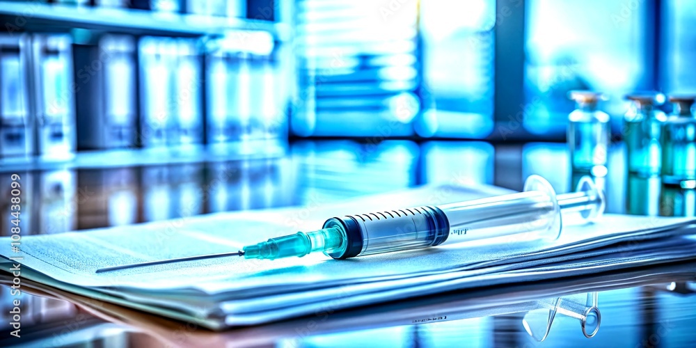 Poster detailed view of a syringe and medical documents on a laboratory table with rule of thirds compositi