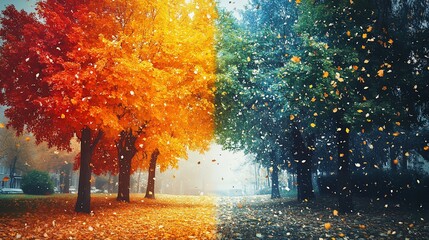 Two trees with different colored leaves in the fall.