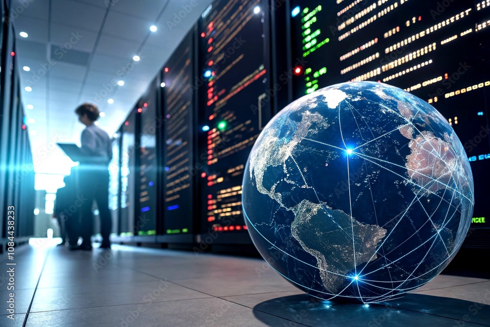 Poster digital globe with earth map surrounded by glowing data points and lines of code in a futuristic fas