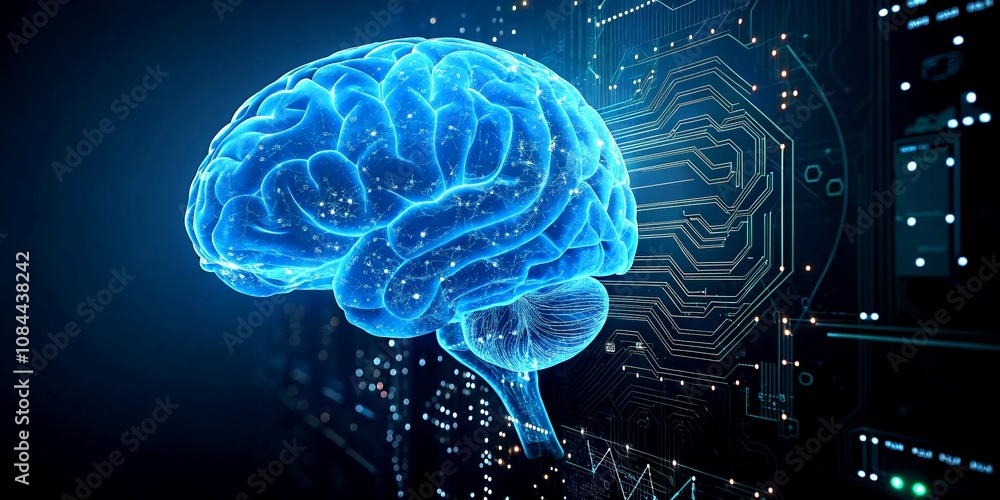 Aufkleber digital fusion: a glowing blue brain intertwined with computer circuits, representing the harmonious