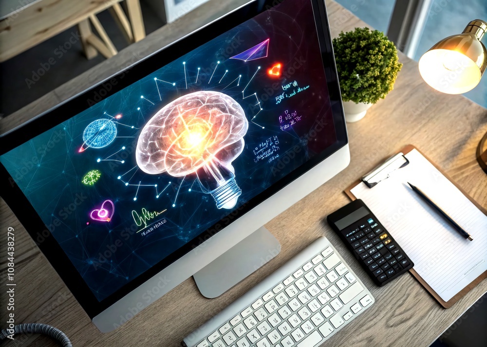 Aufkleber digital illustration of a glowing brain on a computer screen, symbolizing innovation and creativity 