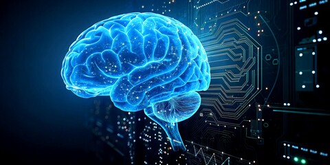 Fototapeta premium Digital Fusion: A Glowing Blue Brain Intertwined with Computer Circuits, Representing the Harmonious Blend of Human Intelligence and Modern Technology in a Double Exposure Style