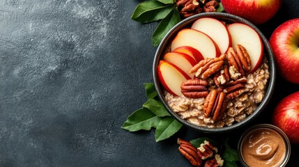 An inviting oatmeal bowl adorned with fresh apple slices and pecans, set on a rustic background with natural leafy accents and whole apples nearby, evoking warmth.