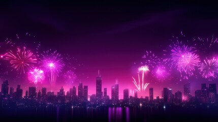 Vibrant cityscape with a stunning display of fireworks illuminating the night sky