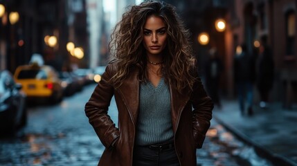 Fototapeta premium A moody urban portrait features a woman in a bustling street. Her intense look and stylish outfit blend perfectly with the vibrant city lights surrounding her.