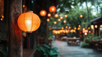 Rows of illuminated lanterns create a tranquil and enchanting outdoor atmosphere. The warm ambient glow enhances the serene walkway, inviting and enchanting visitors.