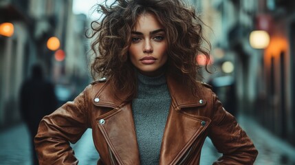 With an intense gaze, a woman with curly hair and leather jacket stands prominently on an urban street, amidst a backdrop of city lights and an evening ambiance.