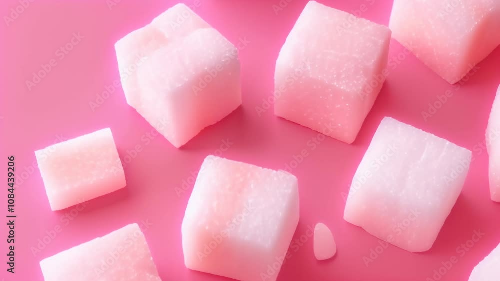 Poster several pink sugary cubes are scattered on a pink surface, creating a visually appealing arrangement