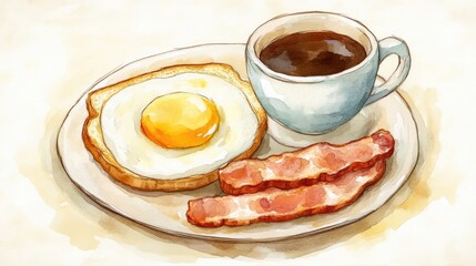 Delicious Breakfast Plate: Freshly Brewed Coffee, Eggs, Bacon, and Toast for a Wholesome Start to Your Day