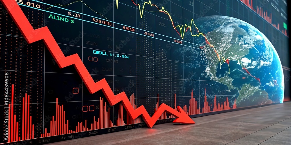 Poster dramatic 3d rendering of falling red stock market graph with digital globe background illustrating g