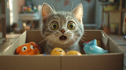 A playful cat peeks out from a cardboard box, eyes wide with amazement at shiny, vibrant toys surrounding it.