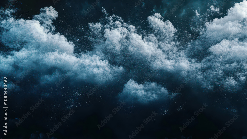 Poster mysterious dark backdrop with white powdery clouds floating above like ethereal formations