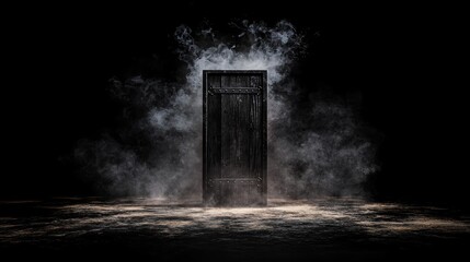 Mysterious door amidst swirling mist, evoking curiosity and intrigue in a dark atmosphere.