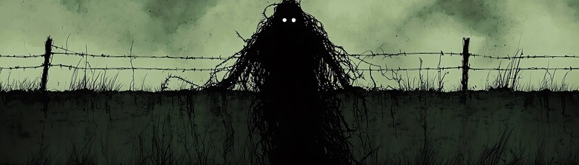 Dark, mysterious silhouette with glowing eyes behind a barbed wire fence in a foggy landscape.