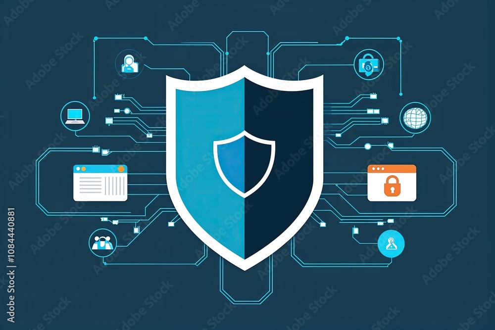 Poster cybersecurity illustration with shield and digital circuit for online defense and secure transaction