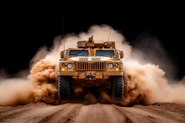 Fototapeta premium Armored vehicles advancing through a dusty war zone, dramatic lighting and shadows