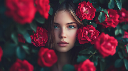 Naklejka premium Young woman with striking blue eyes framed by vibrant red roses in a lush garden setting