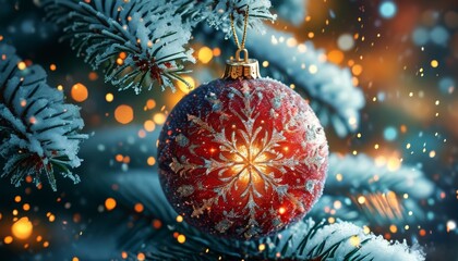Fototapeta premium large New Year's painted toy fairy ball hanging from snow-covered snowdrifts of fir branches, winter New Year background