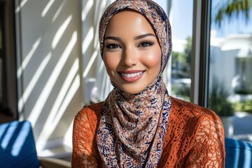 Close-up of a smiling woman in a hijab, sitting in a sunlit room with soft shadows