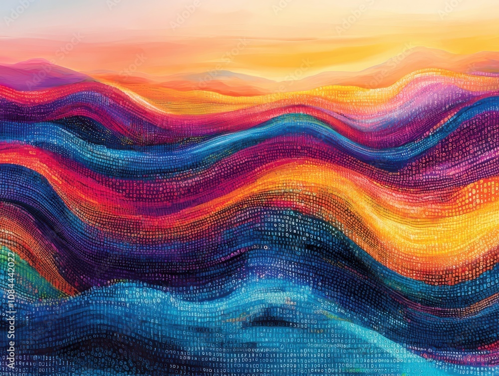 Poster exploring a surreal binary code landscape digital realm artwork abstract environment aerial view tec