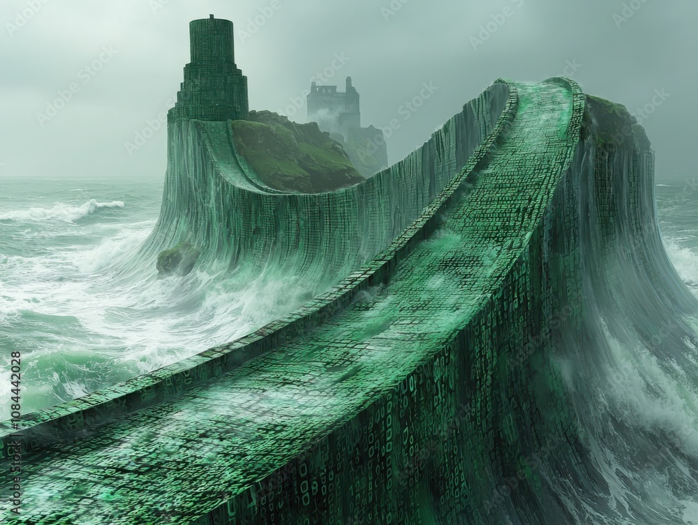 Poster navigating the binary waves surreal digital landscape enigmatic shoreline conceptual art futuristic 