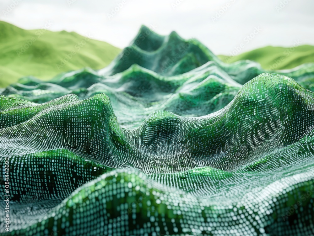 Poster exploring a surreal binary code landscape digital realm visual art virtual space aerial view abstrac