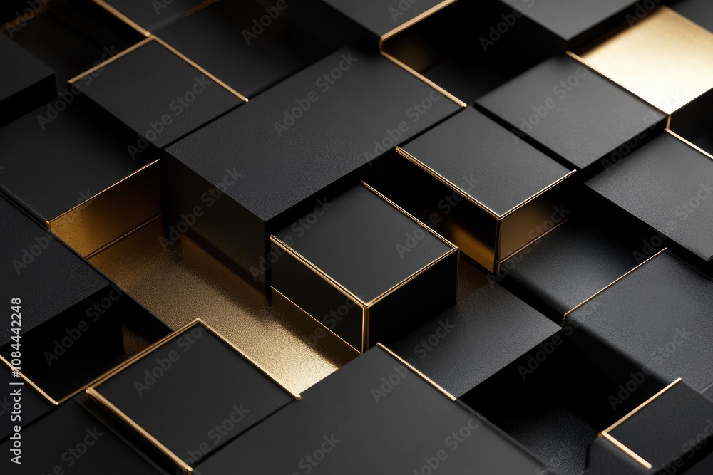 Poster three-dimensional composition of abstract geometric forms with squares. modern black background for 