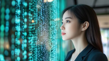 Female professional looking at binary codes on glass at office