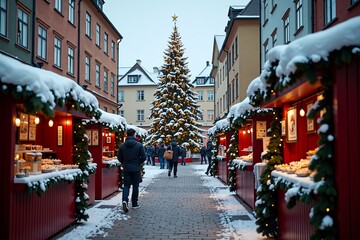 Cozy Christmas market with red wooden stalls and a large decorated tree in a snowy old town setting, festive lights and traditional Scandinavian holiday atmosphere