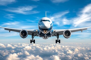 Naklejka premium Detailed vector of an airplane flying over clouds, realistic shading for depth