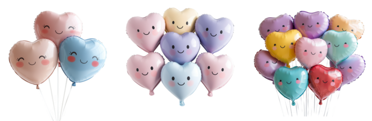 adorable heart shaped balloons with smiling faces colorful design transparent background