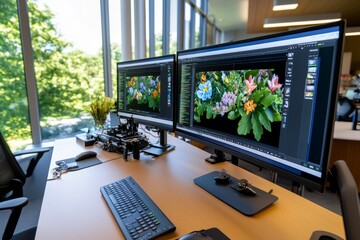 Naklejka premium Editing station with dual monitors displaying video cuts and color grading, a tech-savvy environment