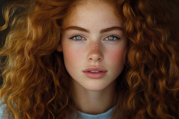 Naklejka premium Stunning Portrait of a Girl with Luscious Wavy Locks. Emphasizing Volume and Natural Beauty.