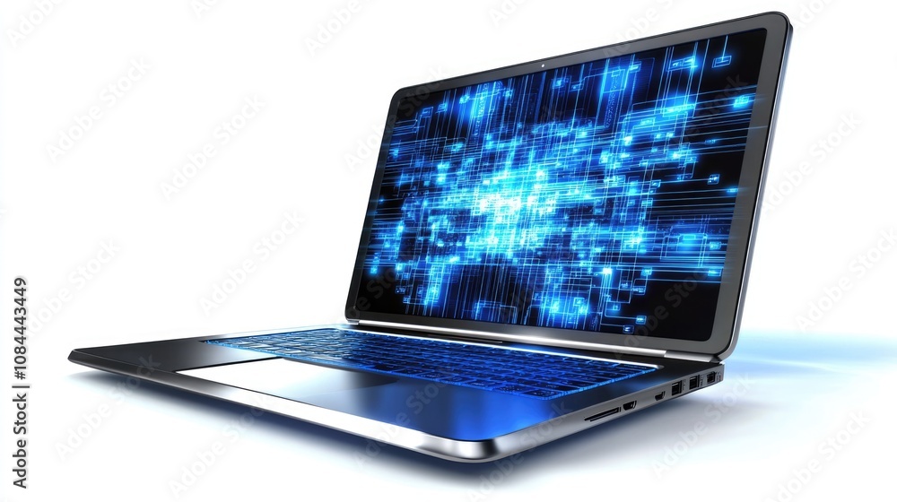 Poster portable laptop on white surface: open notebook computer with lcd screen isolated for modern workspa