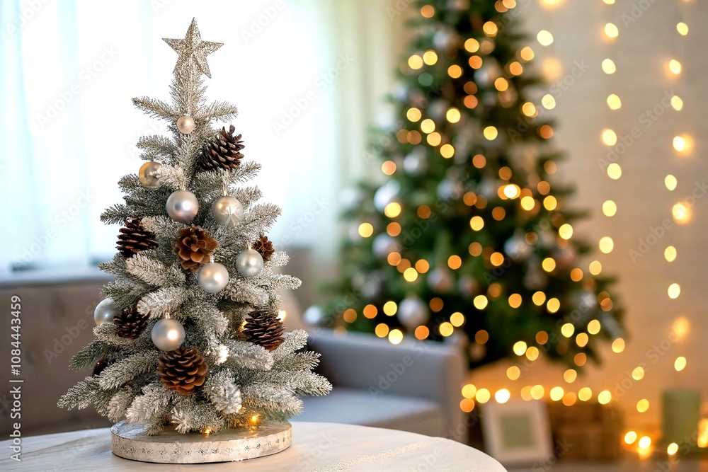 Poster elegant christmas silver tree adorned with cones and bokeh lights creating a festive atmosphere for 