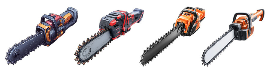 Naklejka premium modern chainsaws collection showcasing different designs and styles transparent background