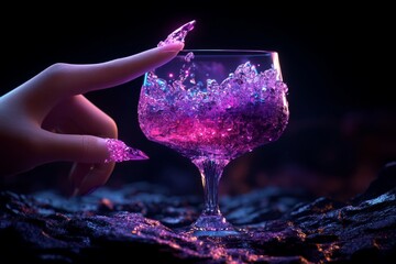 Futuristic party scene with holographic confetti and digital champagne glasses, vibrant cyberpunk style