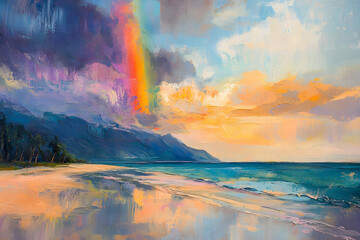 Fototapeta premium Vibrant oil painting of a tropical beach scene with a rainbow arcing over the ocean and mountains. The warm sunset colors contrast beautifully with the cool blues and purples of the sky and water.