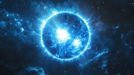 Obraz premium Radiant Blue Celestial Glow: Vivid Sunburst in a Cosmic Nightscape