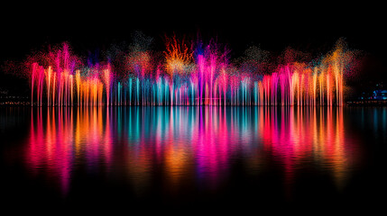 Numerous colorful water fountains create a dazzling reflection on a dark lake