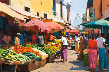 Vibrant colors and bustling energy fill this outdoor market. People browse through fresh produce under colorful umbrellas.