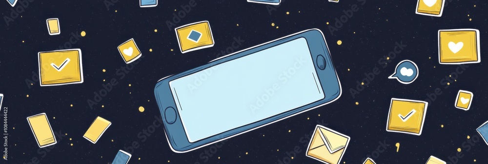 Poster a smartphone sits at the center of a dark backdrop, surrounded by vibrant icons depicting notificati