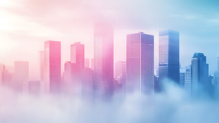 Fototapeta premium Dreamy cityscape at sunrise, pastel colors paint the skyscrapers emerging from a soft fog. Serene and ethereal mood.