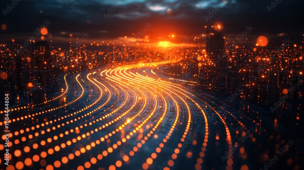 Poster dynamic curved digital wave virtual space abstract visualization digital environment aerial view glo