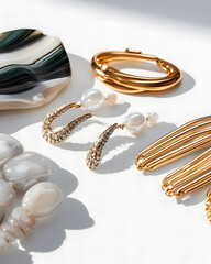 Elegant gold jewelry and pearl earrings displayed on a white background. The image showcases the intricate details and luxurious feel of the pieces.