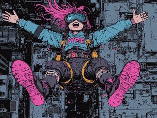 Vibrant illustration of a person skydiving with futuristic gear.