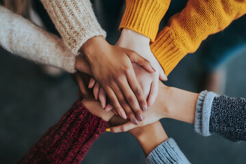 A diverse group of women show unity by placing their hands together in a stack.  Warm, inviting colors and textures create a feeling of togetherness and support.
