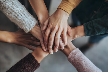 A diverse group of women join hands, symbolizing unity, support, and teamwork.  Their hands form a circle of connection, showcasing strength in numbers.