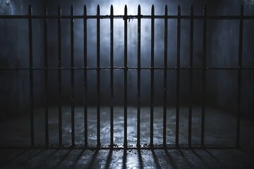 Dark, empty prison cell with metal bars and dim lighting, symbolizing solitude and confinement.