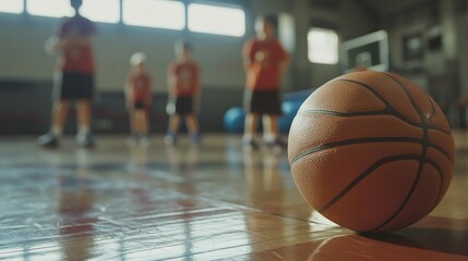 Close-up of a basketball on a gym floor, kids practicing in the background. 